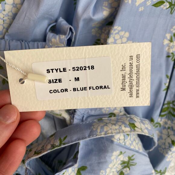 Sim & Sam Floral Milkmaid Cotton Poplin Midi Dress Womens Size Medium Blue - Picture 7 of 7